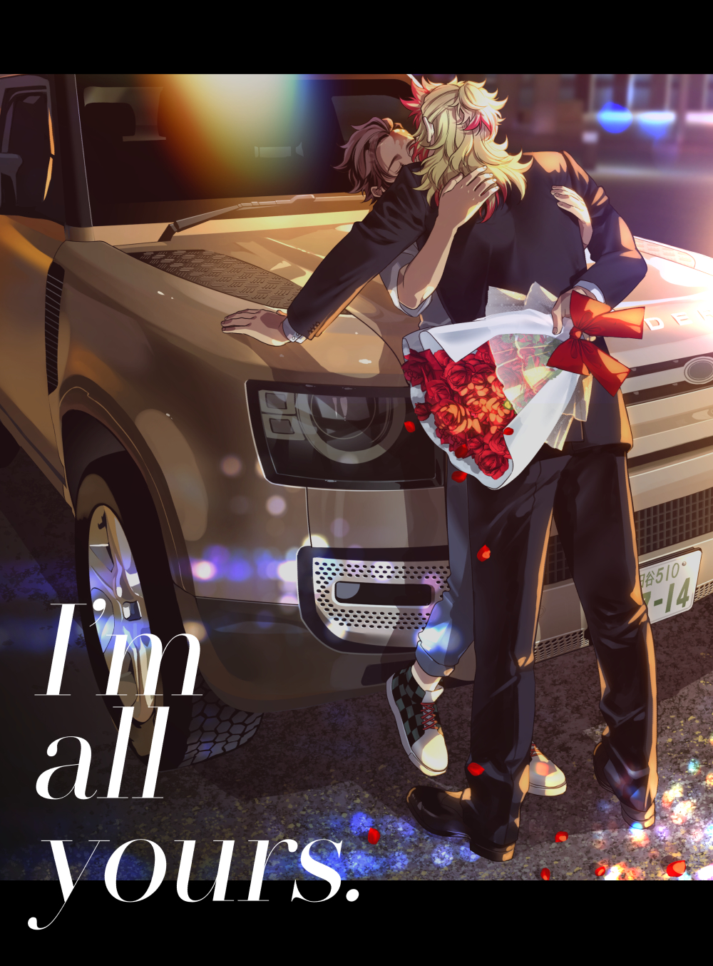 hashimoto (yanagi-momo), kamado tanjirou, rengoku kyoujurou, kimetsu no yaiba, highres, 2boys, alternate costume, arm around shoulder, black jacket, black pants, black shoes, black suit, blonde hair, blue pants, blurry, blurry background, bouquet, brown hair, car, closed eyes, collared shirt, colored tips, contemporary, denim, english text, falling petals, flower, forked eyebrows, formal clothes, full body, half updo, hand on another's shoulder, holding, holding bouquet, hug, implied kiss, jacket, leaning back, letterboxed, long hair, long sleeves, male focus, motor vehicle, multicolored hair, multicolored shoes, multiple boys, necktie, pants, petals, ponytail, red flower, red hair, red rose, rose, scar, scar on face, scar on forehead, shirt, shoes, short hair, short ponytail, short sleeves, sleeves rolled up, smile, sneakers, sports car, standing, streaked hair, suit, two-tone hair, vehicle focus, white shirt, white shoes, yaoi