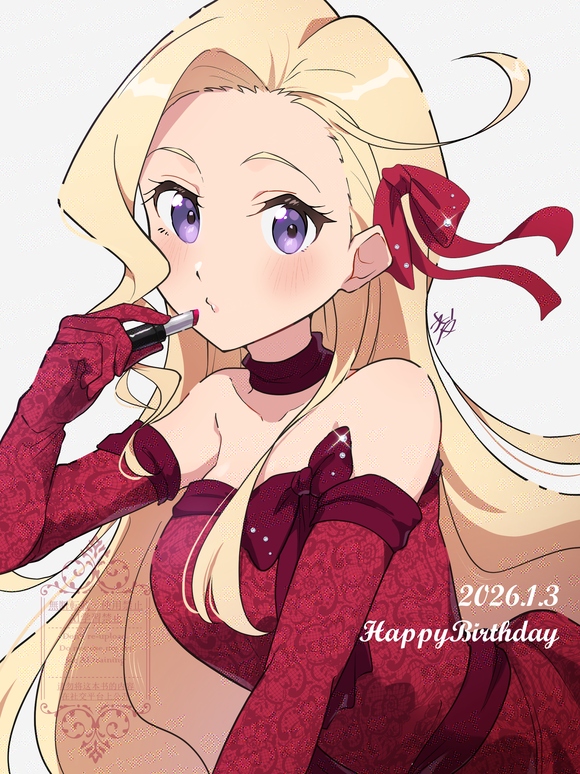 kyaku tasu, konohana aurora, ikizulive! love live! bluebird, love live!, absurdres, commentary, highres, 1girl, birthday, blonde hair, breasts, collarbone, cosmetics, dated, dress, english text, hair ribbon, happy birthday, holding, holding lipstick tube, large breasts, lipstick tube, long hair, looking at viewer, purple eyes, red dress, red ribbon, ribbon, signature, solo, very long hair, watermark, white background