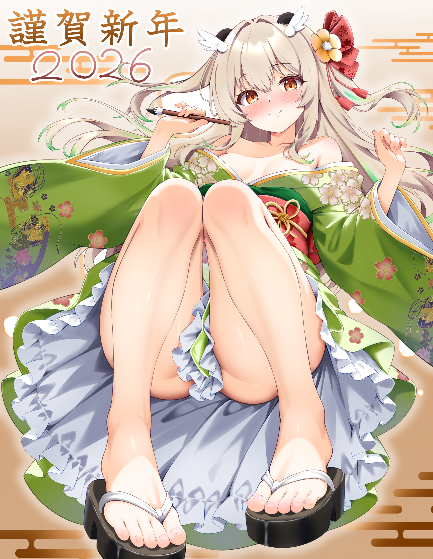 akai watame, amatsuna sasaha, indie virtual youtuber, commentary request, highres, translation request, 1girl, 2026, bare shoulders, blonde hair, breasts, closed mouth, double-parted bangs, feet, foreshortening, green kimono, hair intakes, hair ornament, hands up, holding, holding paintbrush, japanese clothes, kanzashi, kimono, legs, long hair, long sleeves, no bra, off shoulder, orange eyes, paintbrush, petticoat, sandals, shiny skin, sleeveless, small breasts, smile, solo, thighs, toenails, two side up, virtual youtuber, wide sleeves