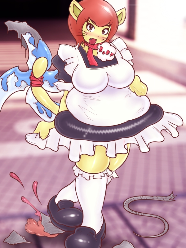animal ears, blood, blush, furry, maid, tail, weapon