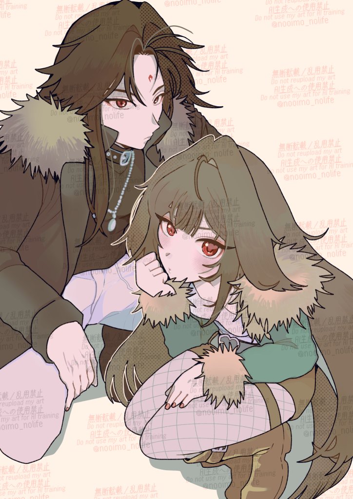 fujishima (oimo uma2), ye shiyuan, ye shunguang, zenless zone zero, commentary request, 1boy, 1girl, animal ears, black hair, black jacket, black shirt, blush, boots, brother and sister, brown background, brown boots, brown hair, closed mouth, droopy ears, facial mark, fishnet pantyhose, fishnets, forehead mark, fur-trimmed jacket, fur-trimmed sleeves, fur trim, green jacket, head rest, jacket, legs together, long hair, looking at viewer, official alternate costume, pants, pantyhose, red nails, shirt, siblings, spread legs, squatting, too many watermarks, twitter username, very long hair, watermark, white pants, white shirt