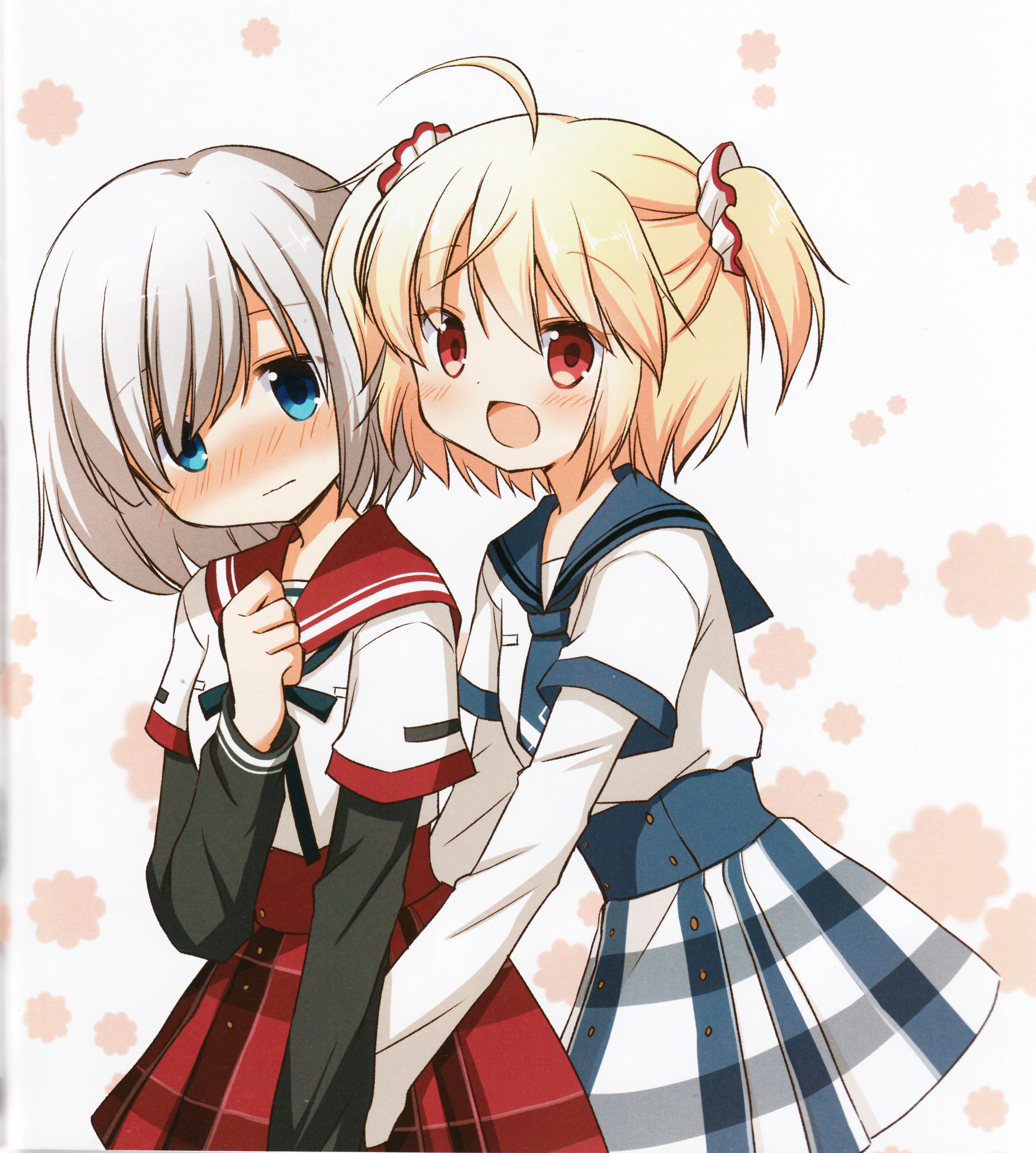oumi neneha, ayano rika, isuzu ren, magia record: mahou shoujo madoka magica gaiden, mahou shoujo madoka magica, absurdres, highres, non-web source, scan, 2girls, ahoge, blonde hair, blue eyes, blue sailor collar, blue skirt, blush, chuo academy school uniform, flower, grey hair, hair ornament, hair over one eye, hand on own chest, hug, hug from behind, kamihama university affiliated school uniform, long sleeves, multiple girls, open mouth, red eyes, red sailor collar, red skirt, sailor collar, school uniform, self-scan, short hair, short twintails, skirt, smile, twintails, white background