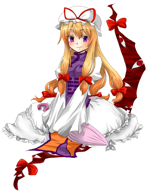 shirouta (sk5789), sk5789, yakumo yukari, touhou, 1girl, blonde hair, female focus, gap (touhou), hat, long hair, purple eyes, purple hair, solo, tabard, umbrella, white background