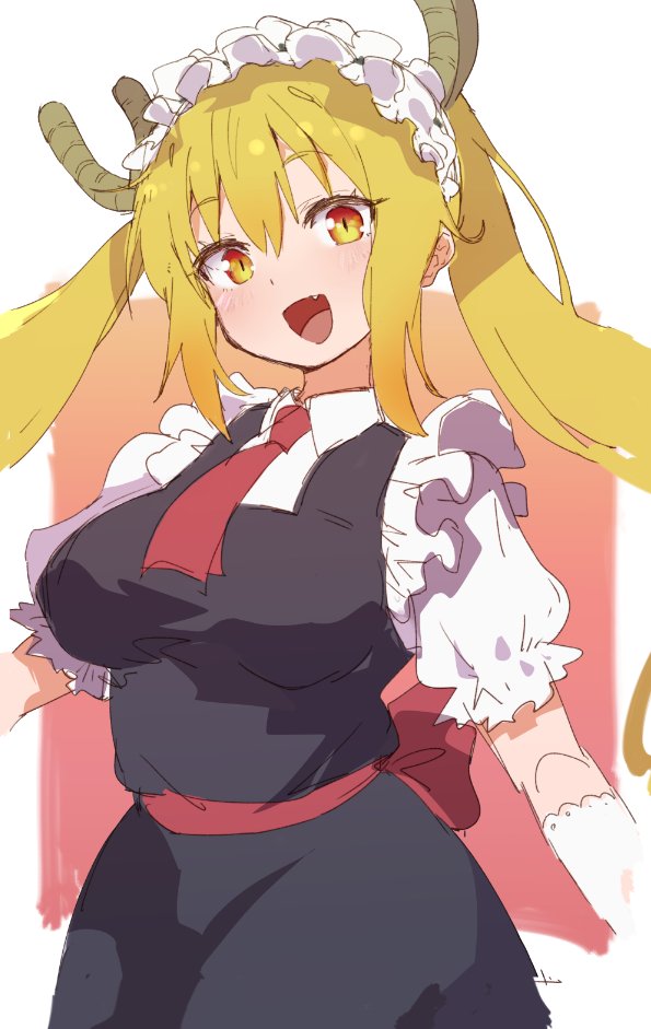 jamir, tohru (maidragon), kobayashi-san chi no maidragon, 1girl, :d, black dress, blonde hair, blush, breasts, dragon girl, dragon horns, dress, fang, frills, gloves, horns, jaggy lines, large breasts, long hair, looking at viewer, maid, maid headdress, necktie, open mouth, orange eyes, pinafore dress, puffy short sleeves, puffy sleeves, red necktie, shirt, short sleeves, sleeveless, sleeveless dress, slit pupils, smile, solo, twintails, white gloves, white shirt
