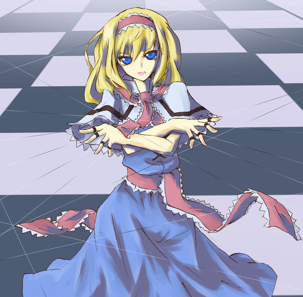 okano rikiya, alice margatroid, touhou, bad id, bad pixiv id, 1girl, blonde hair, blue eyes, capelet, dress, female focus, ribbon, solo, string