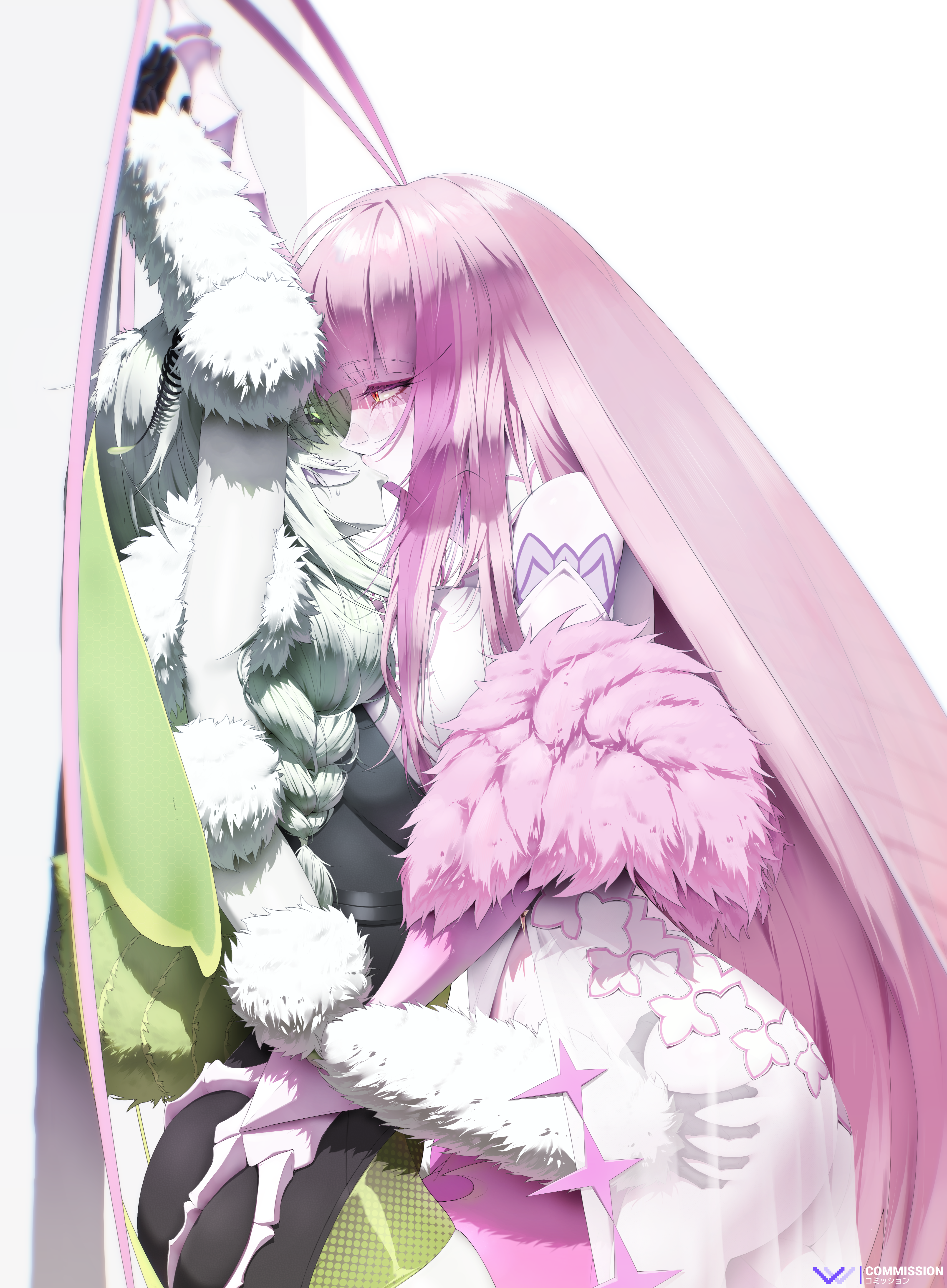 vivi co, juniper actias, matara kan, matara kan (1st costume), indie virtual youtuber, absurdres, commentary, english commentary, highres, 2girls, antenna hair, arthropod girl, ass, breasts, cockroach girl, dress, fur-trimmed dress, fur trim, grabbing another's ass, grey hair, groping, insect girl, insect wings, kiss, large breasts, looking at another, monster girl, moth girl, moth wings, multicolored hair, multiple girls, pink hair, pink streaks, sideboob, streaked hair, virtual youtuber, white background, white dress, wings, yuri