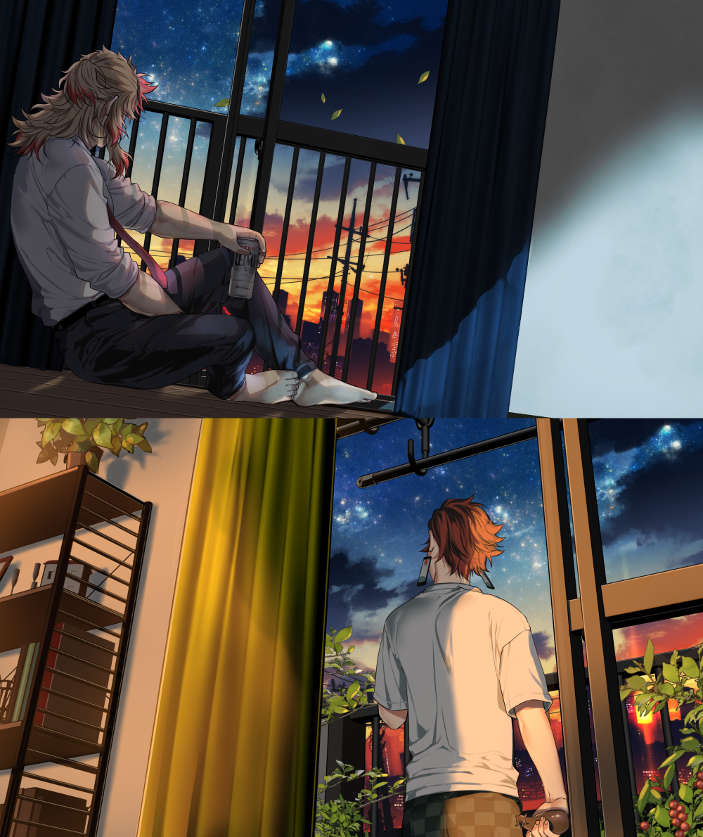 hashimoto (yanagi-momo), kamado tanjirou, rengoku kyoujurou, kimetsu no yaiba, 2boys, balcony, barefoot, belt, black belt, black pants, blonde hair, book, bookshelf, bottle, brown hair, can, checkered clothes, cityscape, cloud, collared shirt, colored tips, contemporary, curtains, earrings, eggplant, facing away, falling leaves, food, from behind, hanafuda earrings, holding, holding can, holding food, holding vegetable, implied yaoi, indoors, jewelry, leaf, long hair, male focus, multicolored hair, multiple boys, necktie, night, open window, pants, plant, potted plant, railing, red hair, red necktie, shirt, short hair, short sleeves, sitting, sky, sleeves rolled up, socks, split screen, standing, star (sky), starry sky, streaked hair, t-shirt, two-tone hair, utility pole, vegetable, white shirt, window