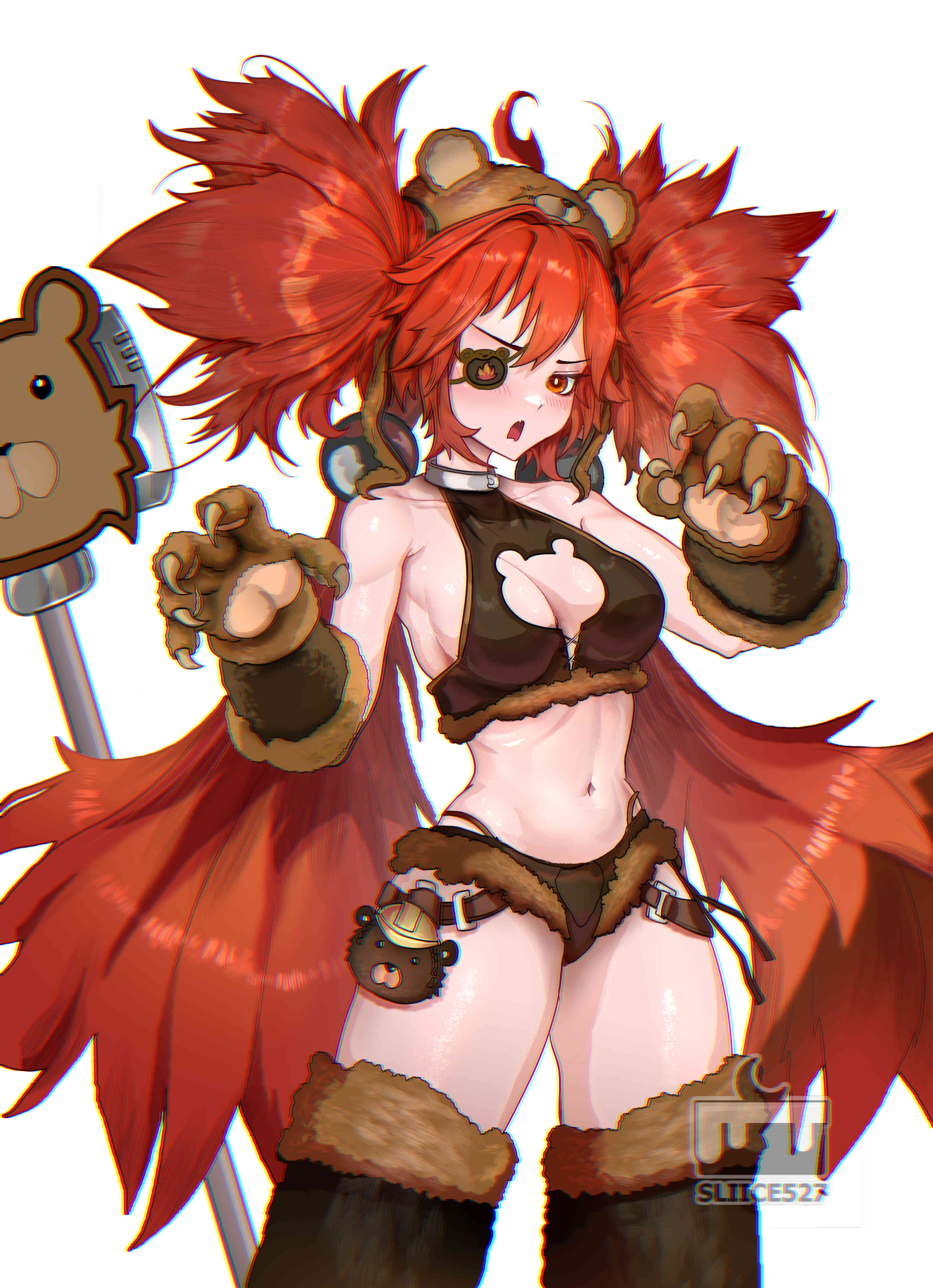 nightsliice257, koleda belobog, original, zenless zone zero, absurdres, highres, 1girl, ahoge, animal ears, animal hands, bare shoulders, bear, bear ears, breasts, button gap, cleavage cutout, clothing cutout, eyepatch, fake animal ears, hair between eyes, hair ornament, long hair, looking at viewer, navel, pawpads, red eyes, red hair, simple background, solo, twintails