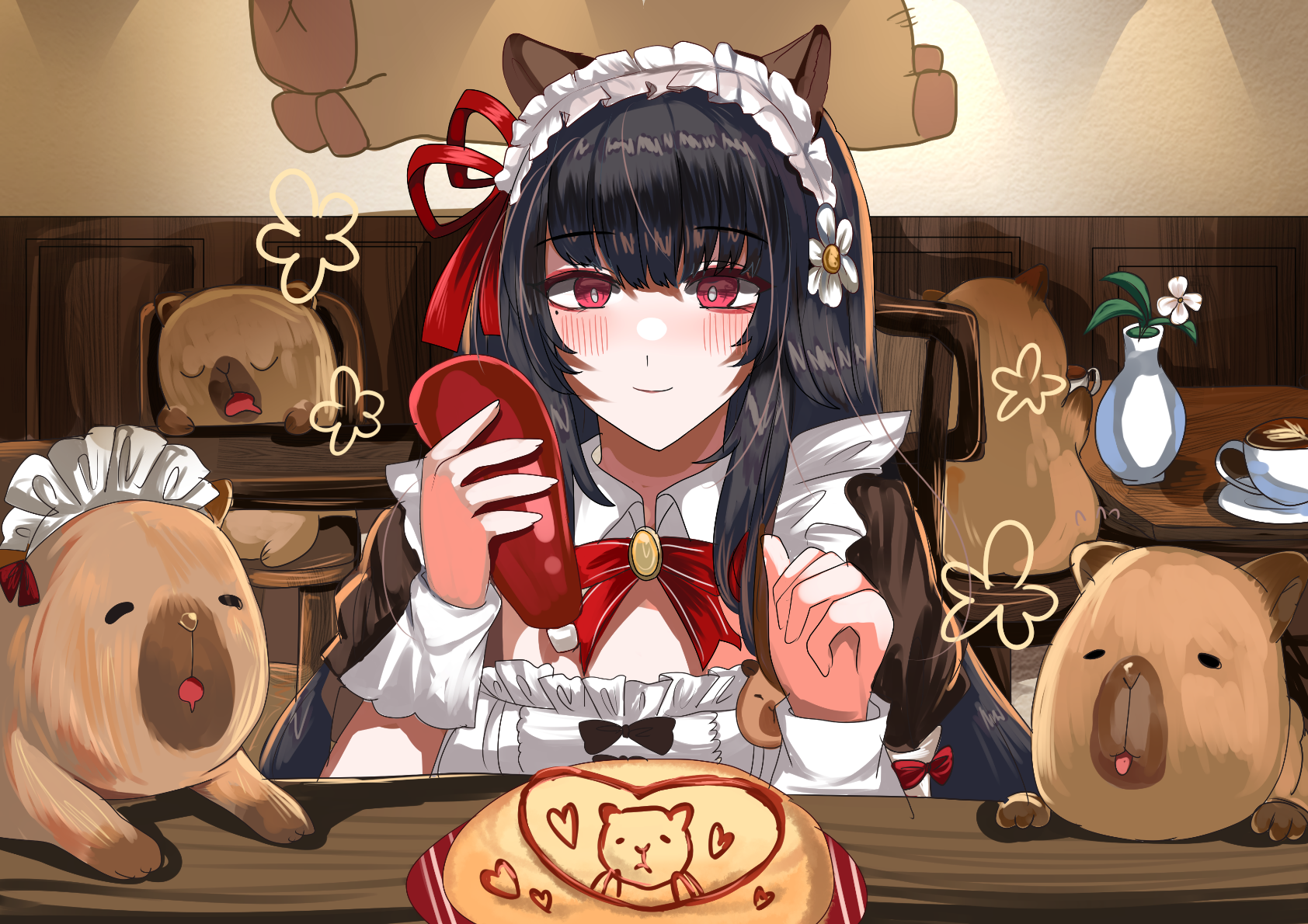 blue sealad, chisa (wuthering waves), wuthering waves, commentary, english commentary, highres, 1girl, animal ear fluff, animal ears, apron, black bow, bow, breasts, capybara, capybara ears, chair, cleavage, cup, flower, food, frills, hair flower, hair ornament, happy aura, heart, holding, indoors, ketchup bottle, looking at viewer, maid, maid apron, maid headdress, omelet, omurice, red eyes, sitting