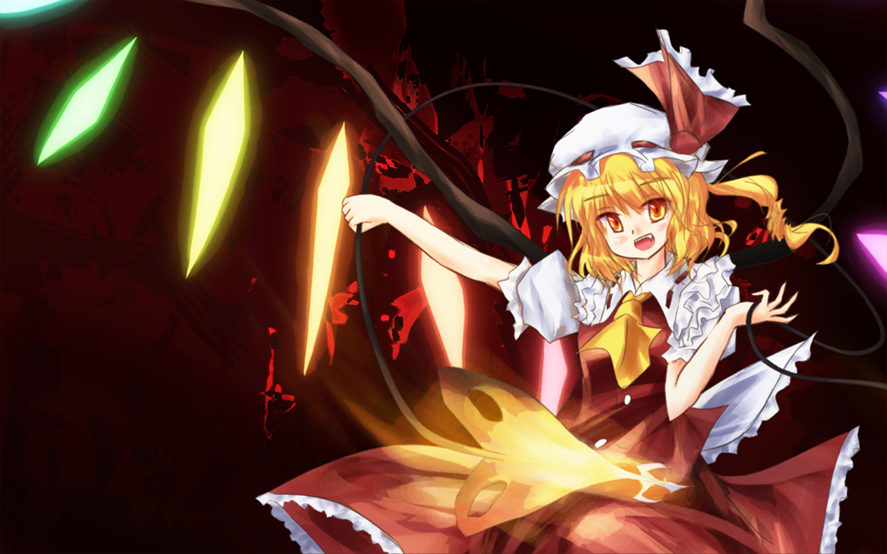 mebiri, flandre scarlet, embodiment of scarlet devil, touhou, bad id, bad pixiv id, 1girl, blonde hair, female focus, gradient background, hat, laevatein, ponytail, red eyes, short hair, side ponytail, solo, wings