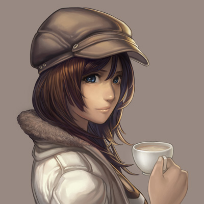 krenz, original, lowres, 1girl, blue eyes, brown hair, coat, cup, female focus, hat, solo, tea