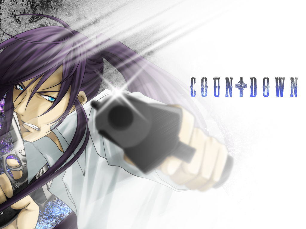 fujishiro kanae, rebelizm, kamui gakupo, vocaloid, bad id, bad pixiv id, 1boy, aiming, aiming at viewer, blue eyes, desert eagle, dual wielding, gun, handgun, holding, long hair, male focus, pistol, ponytail, purple hair, semi-automatic pistol, shirt, solo, weapon, white shirt