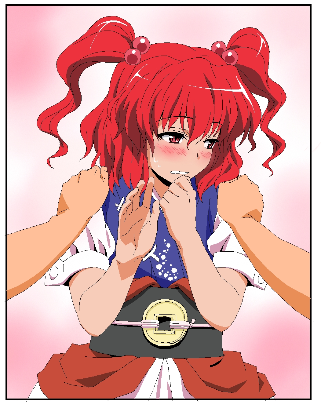 ikuya koimori, onozuka komachi, touhou, bad id, bad pixiv id, highres, 1girl, blush, confession, female focus, hug, oekaki, pov, red hair, short hair, solo focus