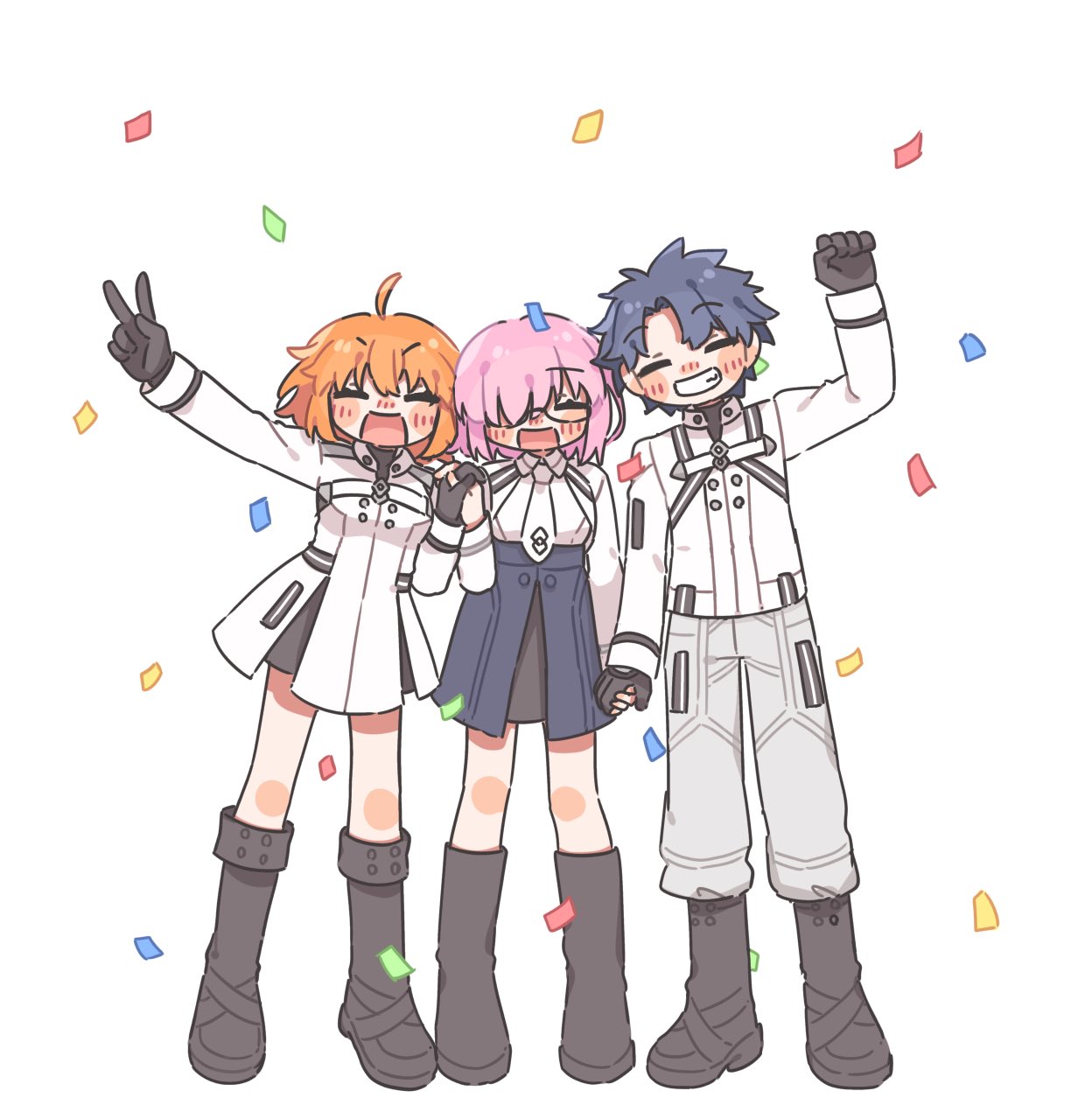anko omotimoti, fujimaru ritsuka (female), fujimaru ritsuka (female) (decisive battle chaldea uniform), fujimaru ritsuka (male), fujimaru ritsuka (male) (decisive battle chaldea uniform), mash kyrielight, fate/grand order, fate (series), commentary request, highres, 1boy, 2girls, ahoge, baggy pants, bike shorts, black-framed eyewear, black boots, black gloves, black shirt, black shorts, black skirt, blue hair, blue skirt, blush, boots, breasts, clenched hand, closed eyes, collared shirt, confetti, dress, full body, glasses, gloves, hair between eyes, hair over one eye, hand up, hands up, happy, high-waist skirt, holding hands, jacket, long sleeves, mash kyrielight (chaldea uniform), medium breasts, multiple girls, necktie, open mouth, orange hair, pants, pink hair, semi-rimless eyewear, shirt, short dress, short hair, shorts, simple background, skirt, smile, standing, teeth, turtleneck, turtleneck shirt, two-tone skirt, v, v-shaped eyebrows, white background, white dress, white jacket, white necktie, white pants, white shirt