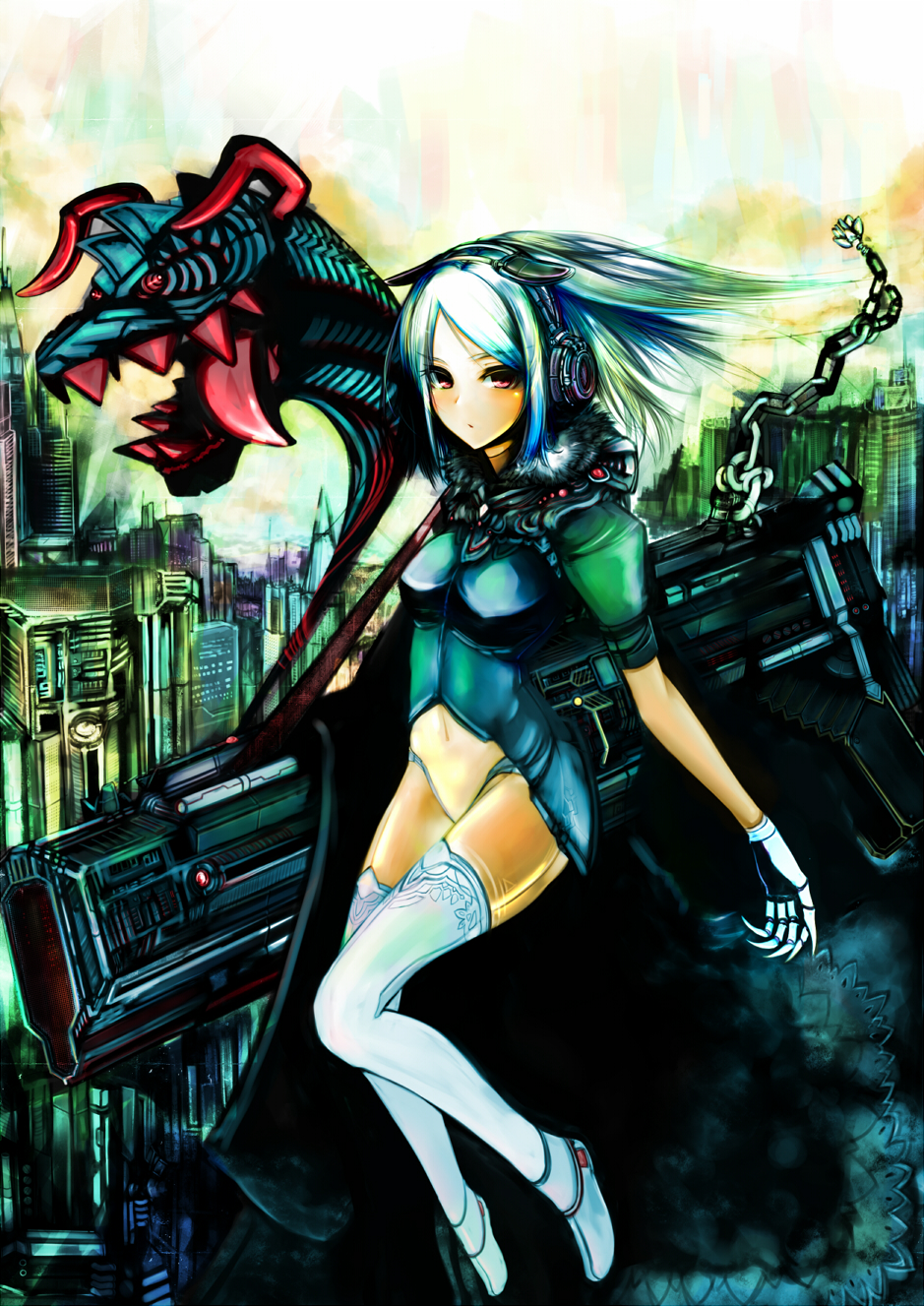 virus (obsession), silver hair, bad id, bad pixiv id, highres, 1girl, female focus, full body, gun, outdoors, red eyes, short hair, sky, solo, thighhighs, weapon