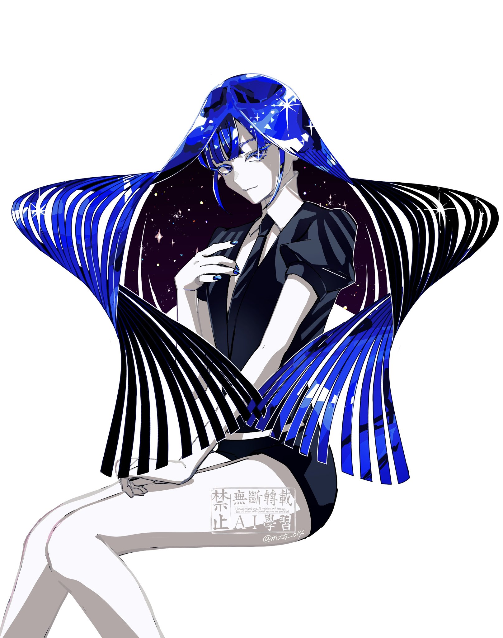 mt5 014, lapis lazuli (houseki no kuni), houseki no kuni, commentary request, highres, 1other, black necktie, black shorts, blue eyes, blue hair, blue nails, collared shirt, colored eyelashes, colored skin, crystal hair, floating hair, gem uniform (houseki no kuni), invisible chair, long hair, looking at viewer, nail polish, necktie, other focus, puffy short sleeves, puffy sleeves, shirt, short shorts, short sleeves, shorts, simple background, sitting, solo, sparkle, starry hair, very long hair, watermark, white background, white skin