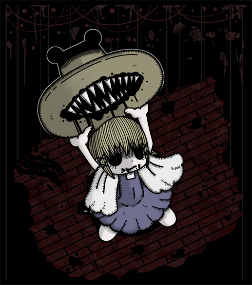 genkidaun, moriya suwako, pyonta, touhou, 1girl, black blood, blood, brown hat, colored blood, colored skin, female focus, hair between eyes, hat, holding, holding unworn clothes, holding unworn hat, horror (theme), shaded face, sharp teeth, solo, teeth, unworn hat, unworn headwear, white skin