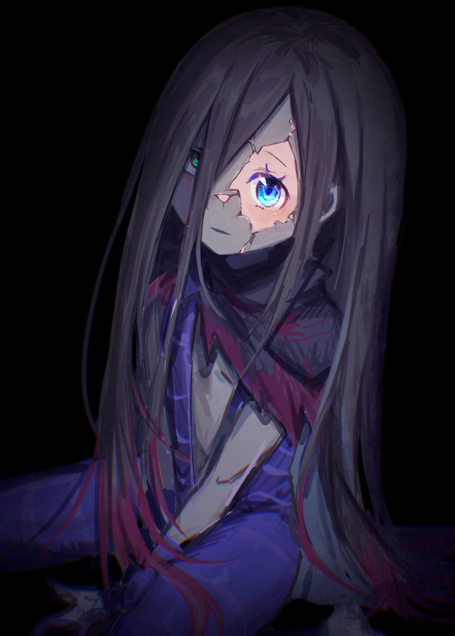 nesigita rezero, louis arneb, lye batenkaitos, re:zero kara hajimeru isekai seikatsu, highres, 1boy, 1girl, between legs, black background, black hair, blue eyes, brown hair, colored skin, cracked skin, green eyes, grey skin, hair between eyes, hand between legs, heterochromia, lips, long hair, looking at viewer, multicolored hair, parted lips, red hair, simple background, sitting, sketch, solo, very long hair, wariza