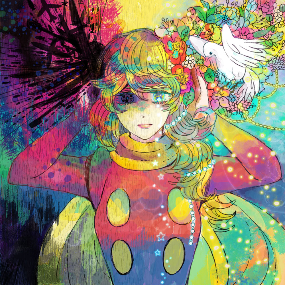 nosuke (umiboshi), francoise arnoul, cyborg 009, 1960s (style), 1girl, aqua eyes, beads, bird, blonde hair, colorful, dove, female focus, flower, lips, long hair, oldschool, retro artstyle, scarf, solo