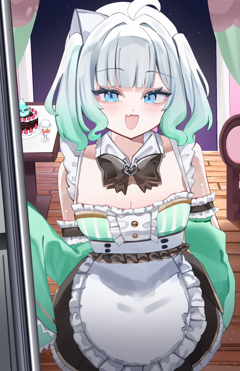 forever moru, mint fantome, densetsu.exe, 1girl, apron, blue eyes, bow, bowtie, breasts, cake, cleavage, curtains, fang, food, ghost girl, green hair, green sleeves, ice cream, maid, maid apron, maid headdress, multicolored hair, open mouth, skin fang, triangular headpiece, virtual youtuber, white hair, window