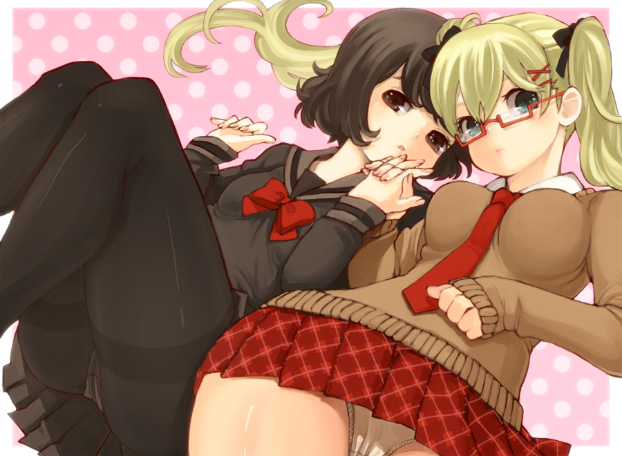 kumatani, japan (hetalia), united kingdom (female) (hetalia), united kingdom (hetalia), axis powers hetalia, bad id, bad pixiv id, gender request, 00s, 2girls, ass, black pantyhose, blonde hair, brown eyes, brown hair, genderswap, glasses, green eyes, hair ornament, hairclip, holding hands, legs, long hair, lying, multiple girls, necktie, panties, panties under pantyhose, pantyhose, pantyshot, school uniform, skirt, sweater, thighband pantyhose, underwear, yuri