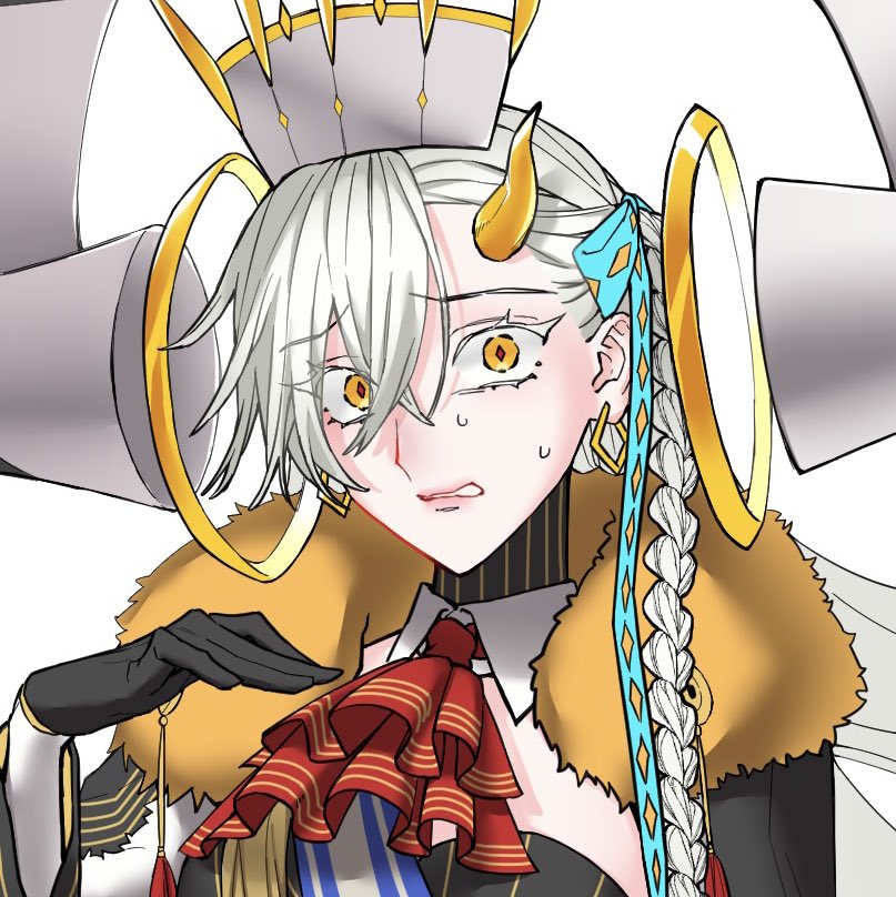 olga marie animusphere, u-olga marie, fate/grand order, fate (series), 1girl, ascot, backlightshue, braid, breasts, cape, clerical collar, detached horns, earrings, fur-trimmed cape, fur trim, horns, huge horns, jewelry, long hair, long horns, looking at viewer, nervous, nervous sweating, orange eyes, red ascot, scared, side braid, single horn, solo, striped bodysuit, sweat, vertical-striped bodysuit, very long hair, white hair, wide-eyed, yellow horns