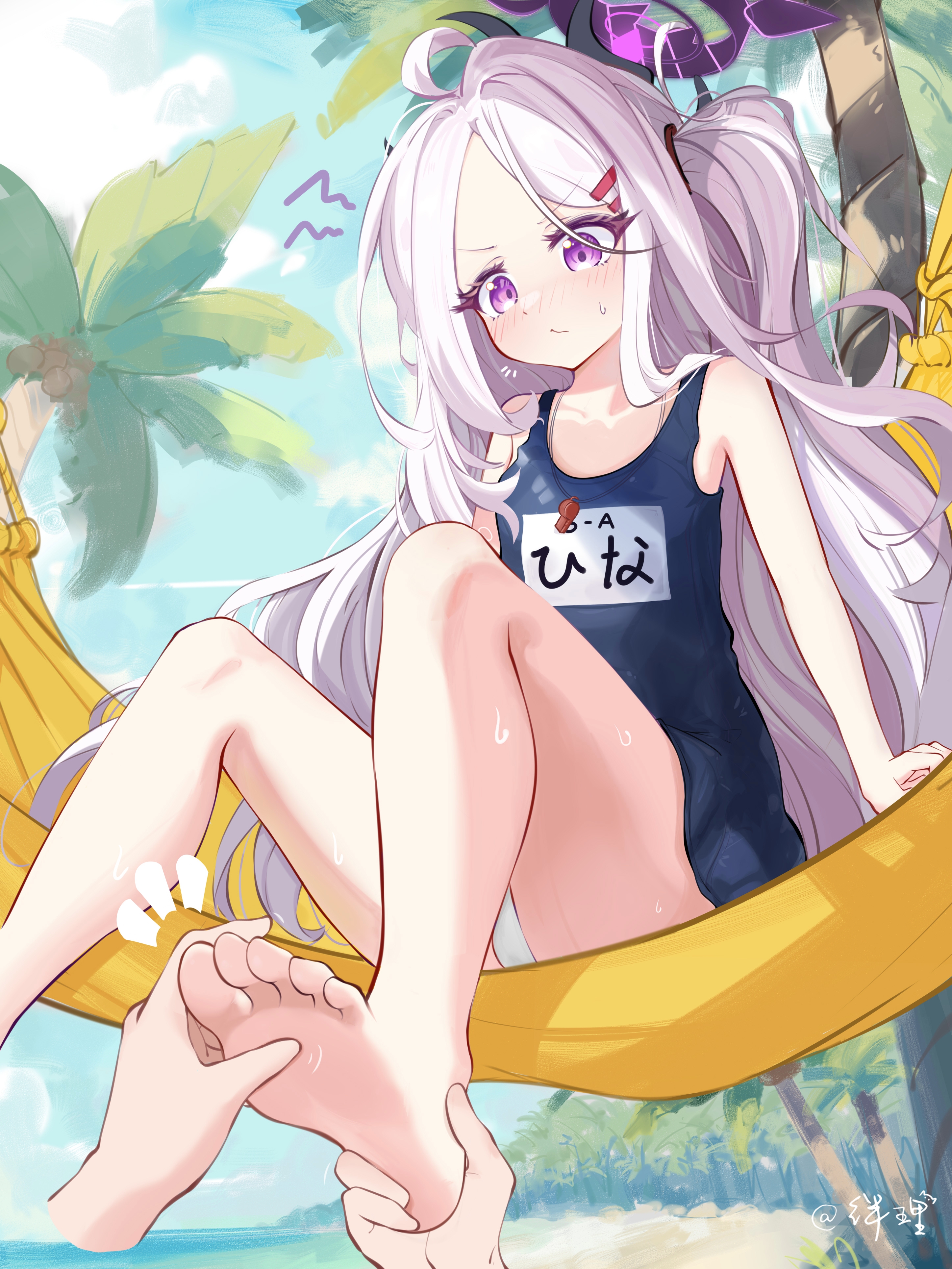 hina (blue archive), hina (swimsuit) (blue archive), blue archive, absurdres, chinese commentary, commentary request, highres, variant set, 1girl, 1other, ahoge, arms at sides, artist name, banbanban li, bare legs, barefoot, beach, black one-piece swimsuit, blue sky, blurry, blurry background, blush, character name, clenched hands, closed mouth, day, demon girl, demon horns, downturned eyes, embarrassed, eyelashes, feet, flat chest, foot out of frame, forehead, frown, hair ornament, hair over shoulder, hairclip, halo, hammock, holding another's foot, horns, knees up, legs, long hair, looking down, nose blush, notice lines, official alternate costume, on hammock, one-piece swimsuit, one side up, outdoors, palm tree, parallel hairclips, parted bangs, pov, pov hands, purple eyes, purple halo, school swimsuit, sitting, sky, soles, squiggle, sweatdrop, swimsuit, thighs, toes, tree, v-shaped eyebrows, very long hair, wet, whistle, whistle around neck, white hair