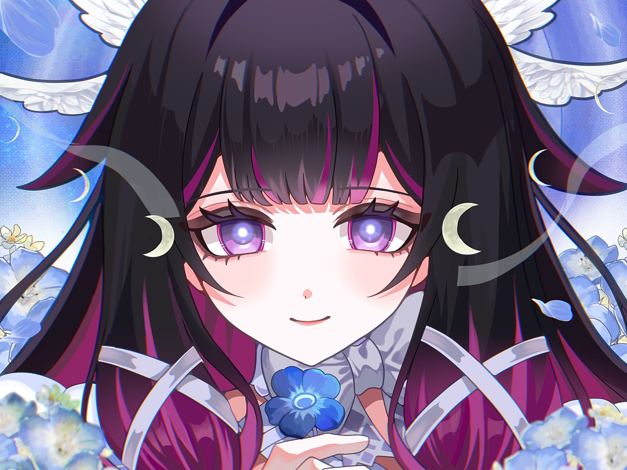 rei (sss35 ss3), columbina (genshin impact), genshin impact, highres, 1girl, black hair, blush, bright pupils, close-up, closed mouth, flower, head wings, holding, holding flower, long hair, looking at viewer, multicolored hair, pink hair, portrait, purple eyes, purple flower, smile, solo, streaked hair, two-tone hair, unusually open eyes, very long hair, wings