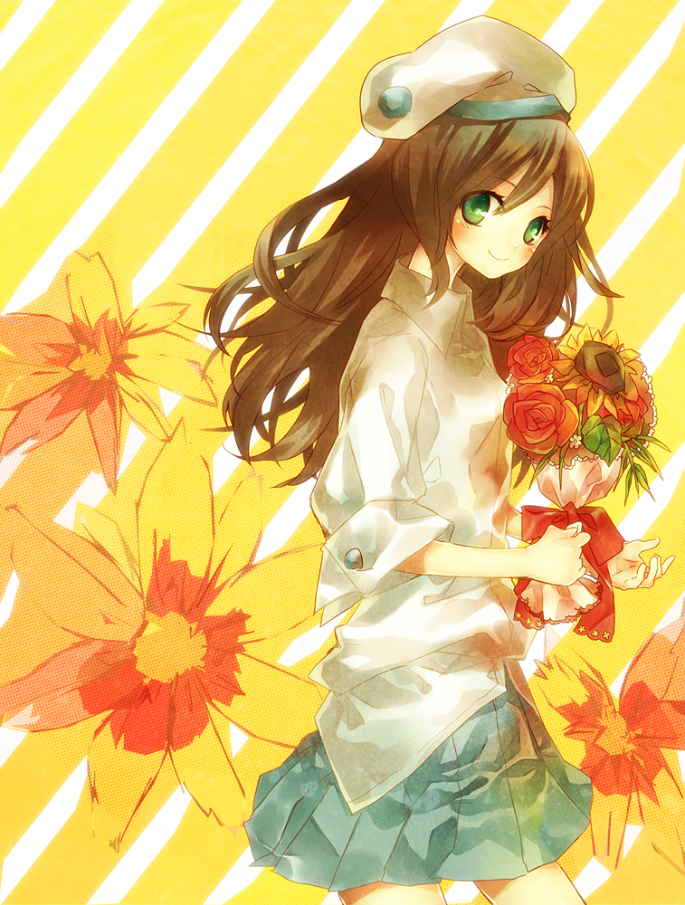 retei, bad id, bad pixiv id, 1girl, beret, blush, bouquet, brown hair, female focus, flower, green eyes, hat, long hair, pleated skirt, rose, skirt, smile, solo, sunflower