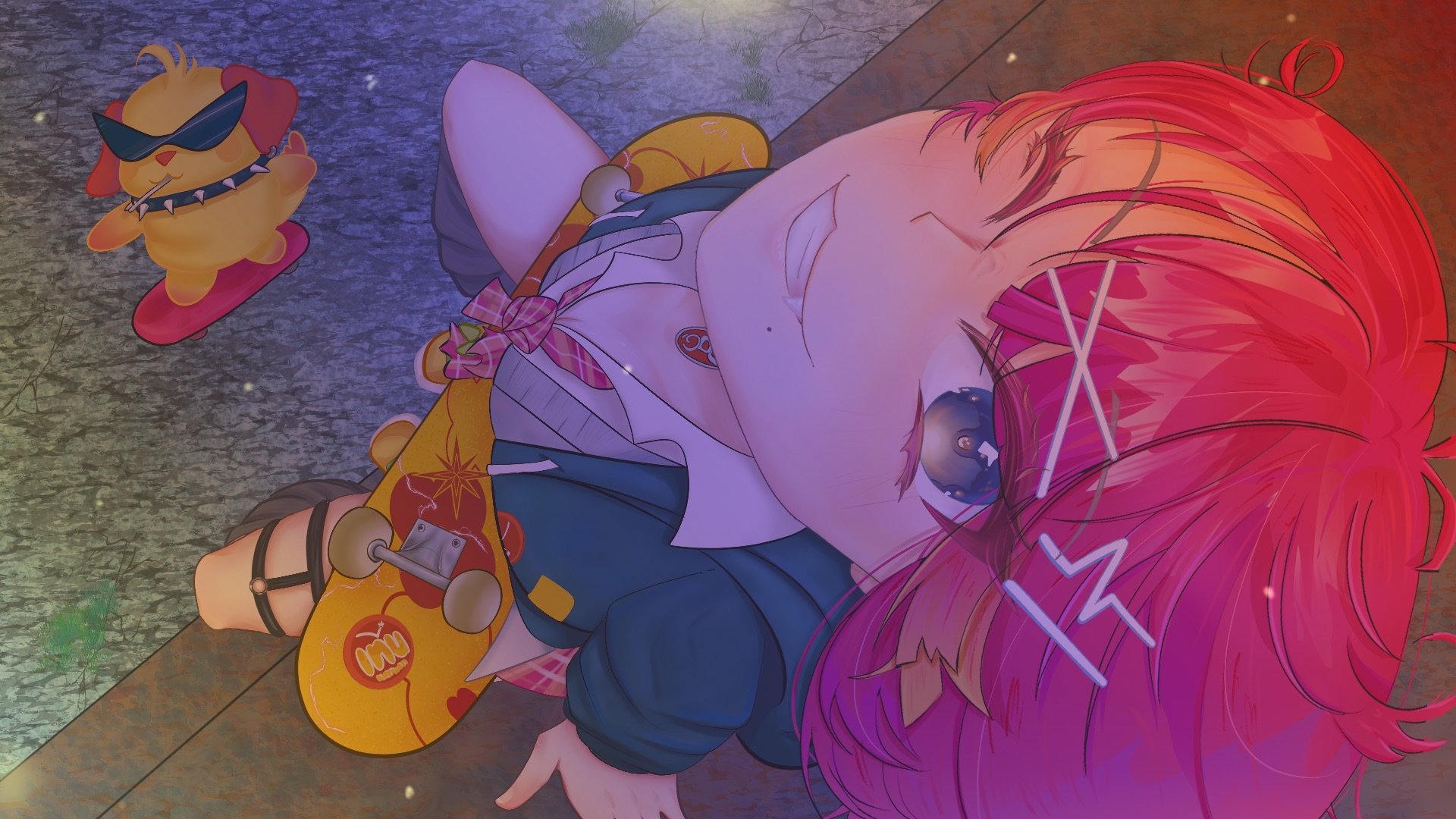 indie virtual youtuber, highres, 1girl, green sweater, grey shirt, leg warmers, looking up, mole, mole under mouth, ohitspiper, one eye closed, red hair, school uniform, shirt, skateboard, sweater, thighs, virtual youtuber, yureihimevt