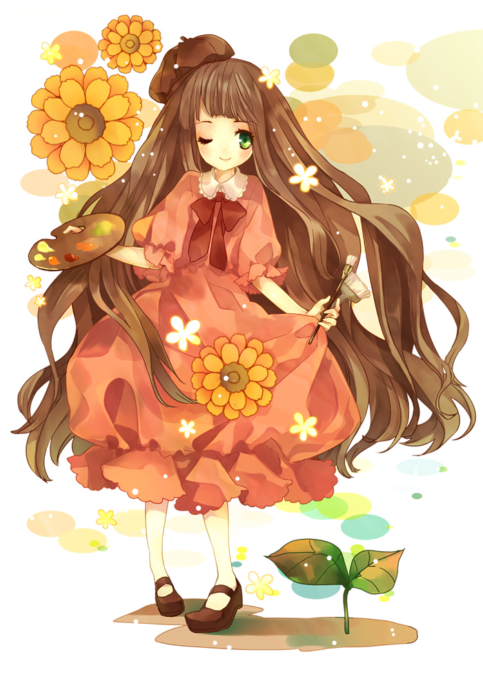 retei, oekaki musume, original, bad id, bad pixiv id, 1girl, art brush, brown hair, dress, female focus, flower, hat, long hair, one eye closed, paint palette, paintbrush, solo, wink