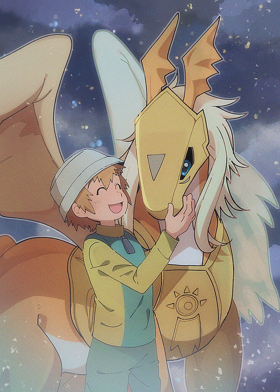 kyuu may 9, pegasmon, takaishi takeru, digimon, digimon adventure 02, highres, 1boy, armor, blue eyes, closed eyes, cowboy shot, digimon (creature), feathered wings, gold armor, gold helmet, green shirt, hat, head wings, multiple wings, pegasus, shirt, two-tone shirt, white hat, wings, yellow shirt, yellow wings