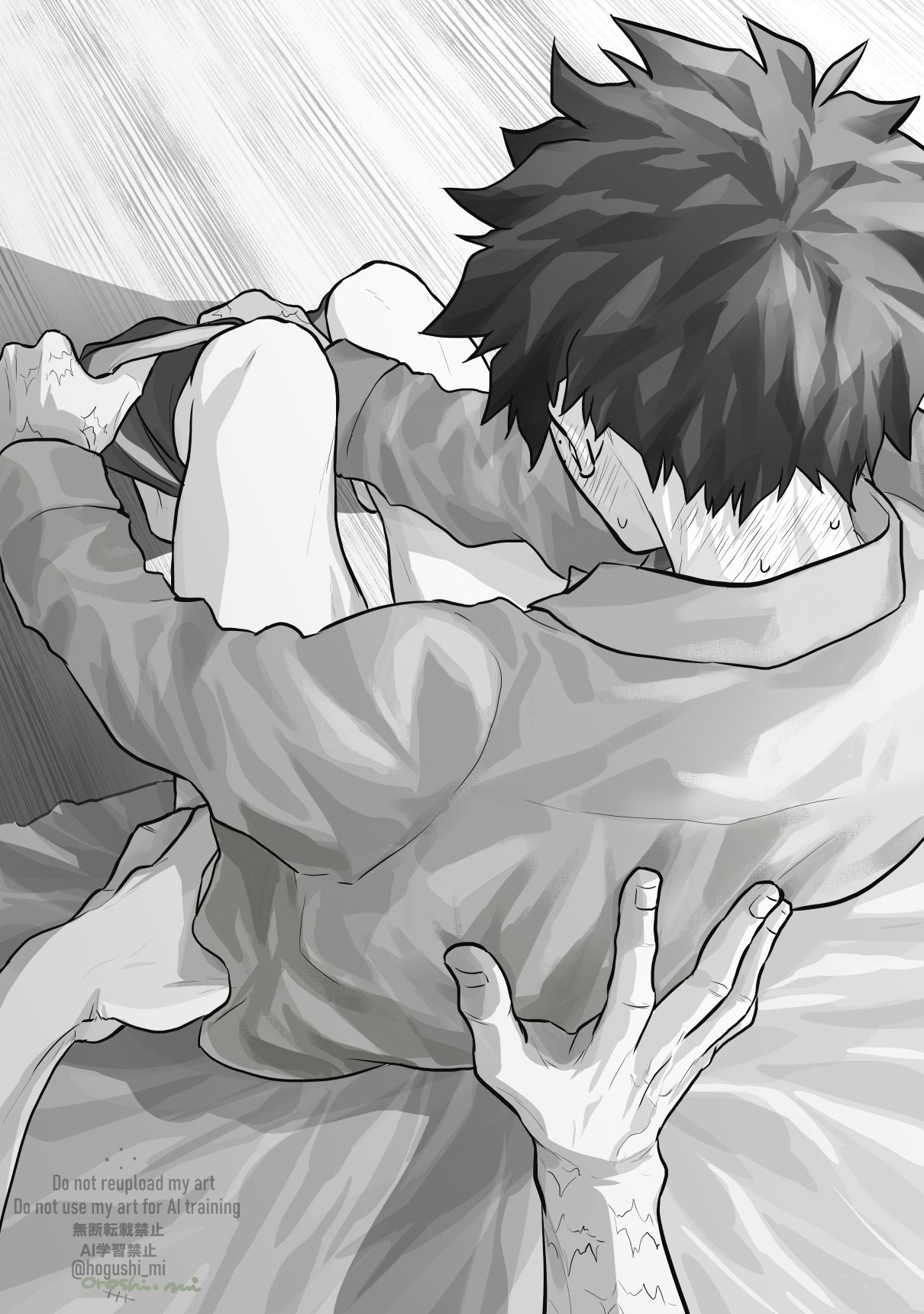 oroshi mi, bakugou katsuki, midoriya izuku, boku no hero academia, commentary request, highres, 2boys, bed, blush, collared shirt, hand on another's back, implied yaoi, long sleeves, male focus, male underwear, multiple boys, multiple scars, neck blush, on bed, out of frame, scar, scar on arm, shirt, short hair, sitting, sweat, underwear, watermark