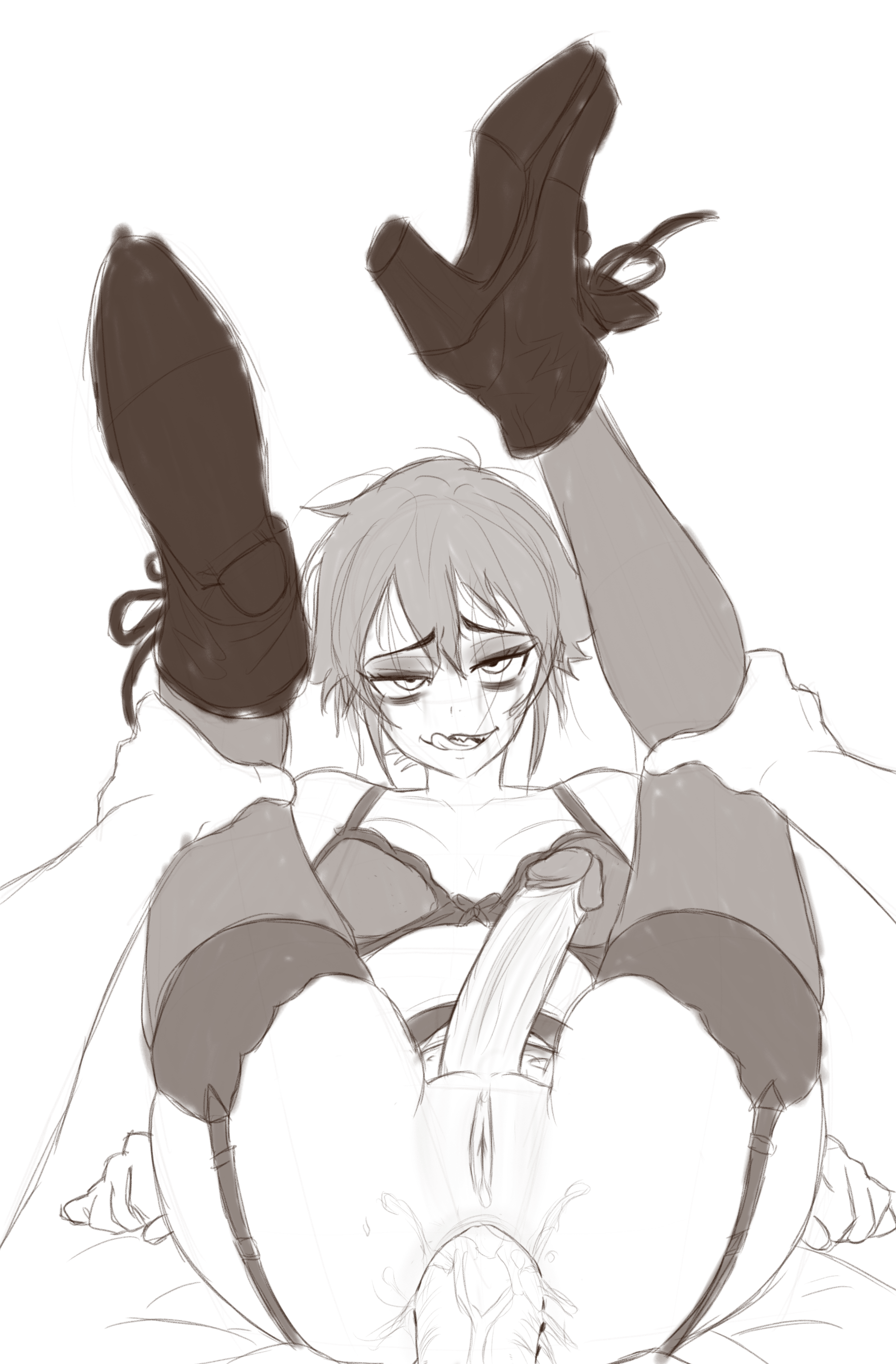 original, absurdres, highres, self-upload, anus, anus peek, ass, ass focus, bent over, black shorts, bra, breasts, erection, fellatio, from behind, futanari, grin, huge ass, large breasts, legs, licking, licking penis, looking back, oral, panties, penis, penis out, pussy, sex, shirt, shoes, shorts, sitting, smile, thick thighs, thighs, tomboy, tsuicaa, underwear