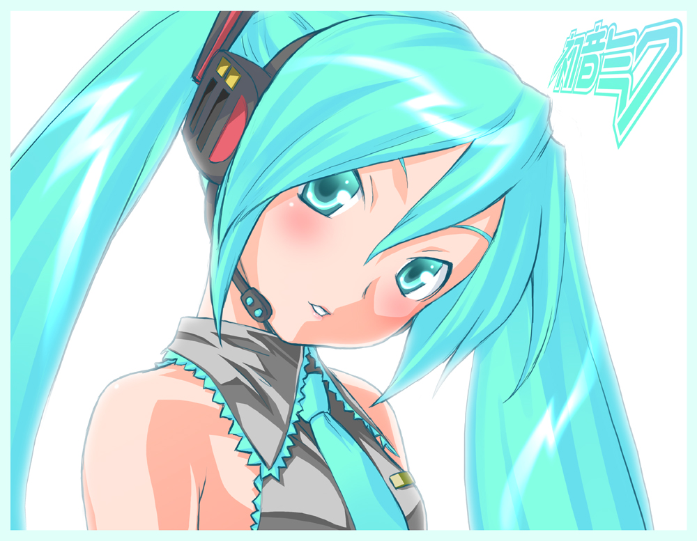 shoumaru (gadget box), hatsune miku, vocaloid, bad id, bad pixiv id, 1girl, aqua eyes, aqua hair, bare shoulders, blush, female focus, flat chest, head tilt, headset, long hair, necktie, solo, twintails, upper body
