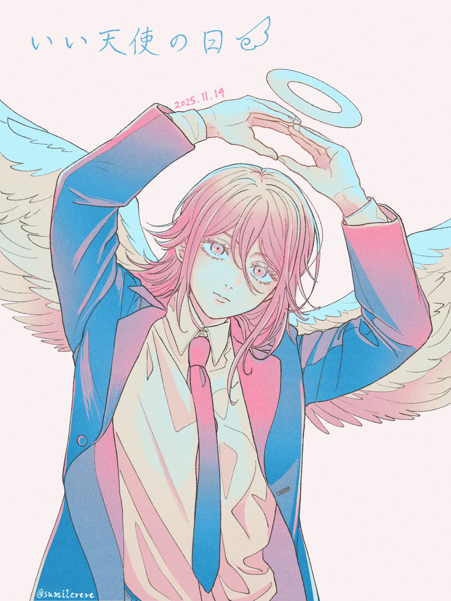 angel devil (chainsaw man), chainsaw man, commentary request, highres, translation request, 1boy, angel, angel wings, arms up, closed mouth, collared shirt, dated, halo, jacket, long hair, looking at viewer, male focus, necktie, pink background, shirt, simple background, solo, suit jacket, sumilerere, traditional halo, twitter username, upper body, white wings, wings