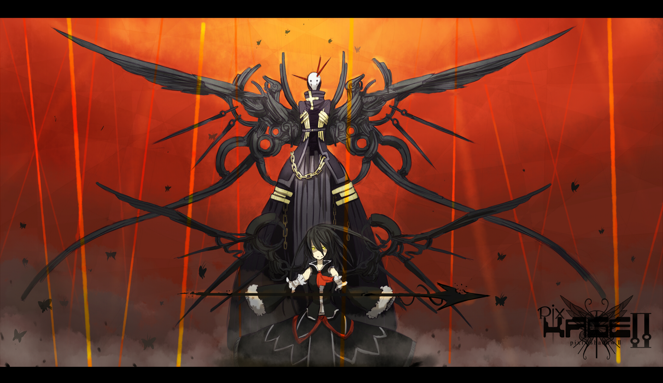 ganesagi, original, pixiv, pixiv shadow, bad id, bad pixiv id, highres, 1girl, black hair, detached sleeves, glowing, glowing eyes, letterboxed, long hair, polearm, spear, weapon, wings, yellow eyes
