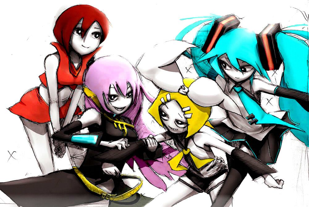 nanika sheila, hatsune miku, kagamine rin, megurine luka, meiko (vocaloid), vocaloid, bad id, bad pixiv id, blonde hair, blue hair, pink hair, purple hair, red hair, thighhighs, twintails