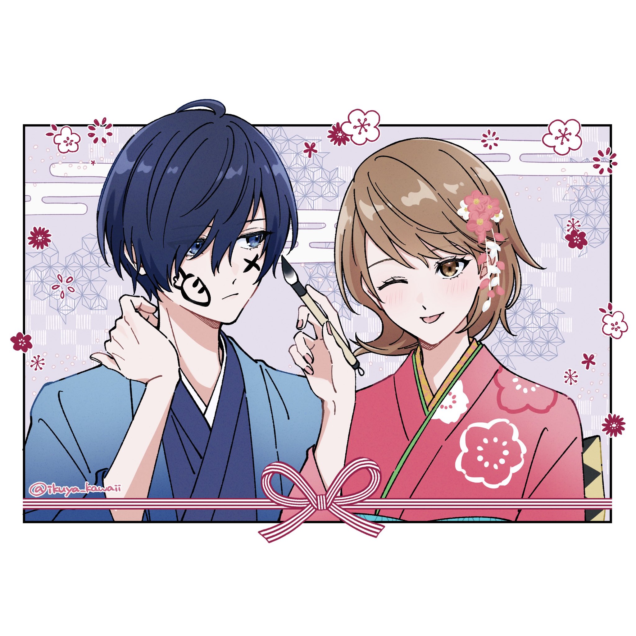 ikuya kawaii, takeba yukari, yuuki makoto (persona 3), persona, persona 3, persona 3 reload, commentary, highres, 1boy, 1girl, blue eyes, blue hair, blue kimono, blush, border, brown eyes, brown hair, calligraphy brush, closed mouth, drawing on another's face, facepaint, flipped hair, floral print, floral print kimono, flower, hair flower, hair ornament, holding, holding calligraphy brush, holding paintbrush, japanese clothes, kimono, looking at another, new year, official alternate costume, one eye closed, outside border, paintbrush, pink flower, pink nails, print kimono, red kimono, short hair, smile, tongue, tongue out, twitter username, upper body, white border