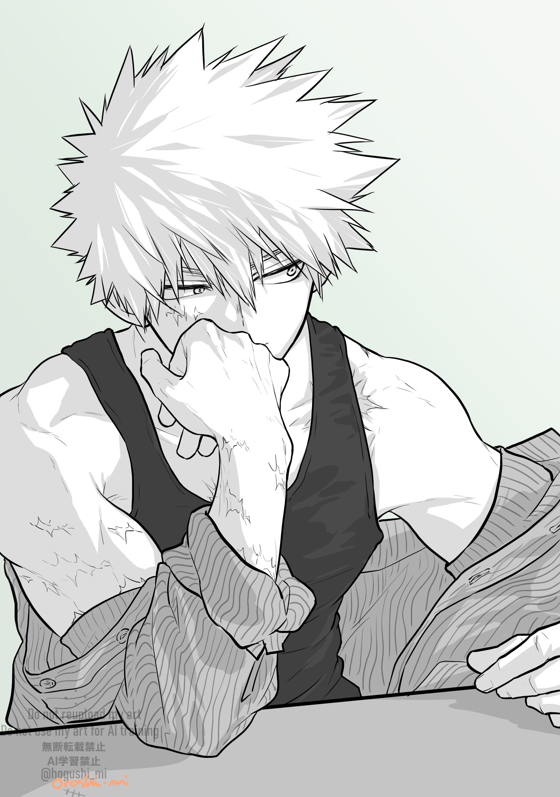 oroshi mi, bakugou katsuki, boku no hero academia, absurdres, commentary request, highres, 1boy, arm up, bare shoulders, elbow rest, facial scar, grey background, head rest, looking to the side, male focus, multiple scars, scar, scar on arm, scar on cheek, scar on face, scar on shoulder, shirt, shirt partially removed, short hair, sideways glance, simple background, sitting, solo, spiked hair, striped clothes, striped shirt, tank top, watermark