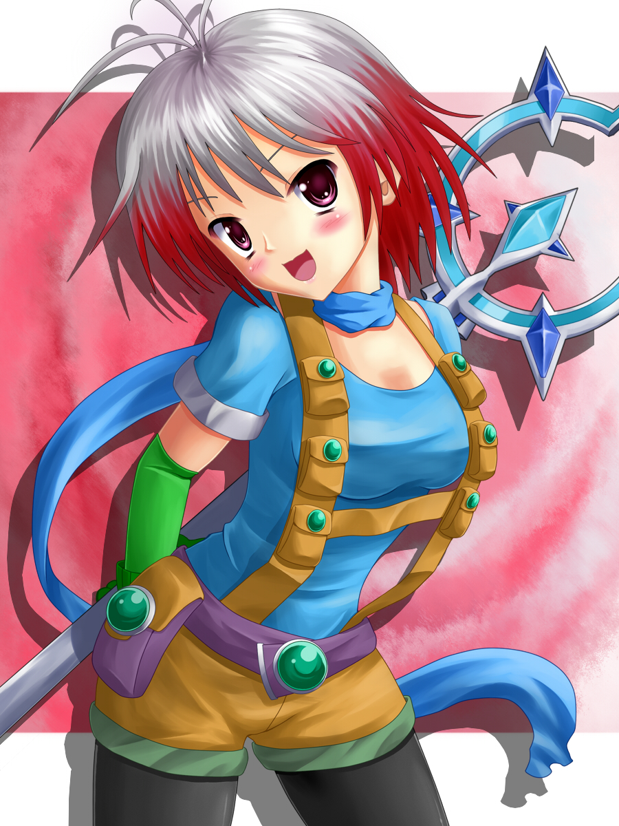 yamakamu, pascal (tales), tales of (series), tales of graces, silver hair, bad id, bad pixiv id, highres, 1girl, antenna hair, black leggings, blue shirt, elbow gloves, female focus, gloves, leggings, multicolored hair, open mouth, pantyhose, pink background, purple eyes, scarf, shirt, short hair, shorts, solo, staff, two-tone hair