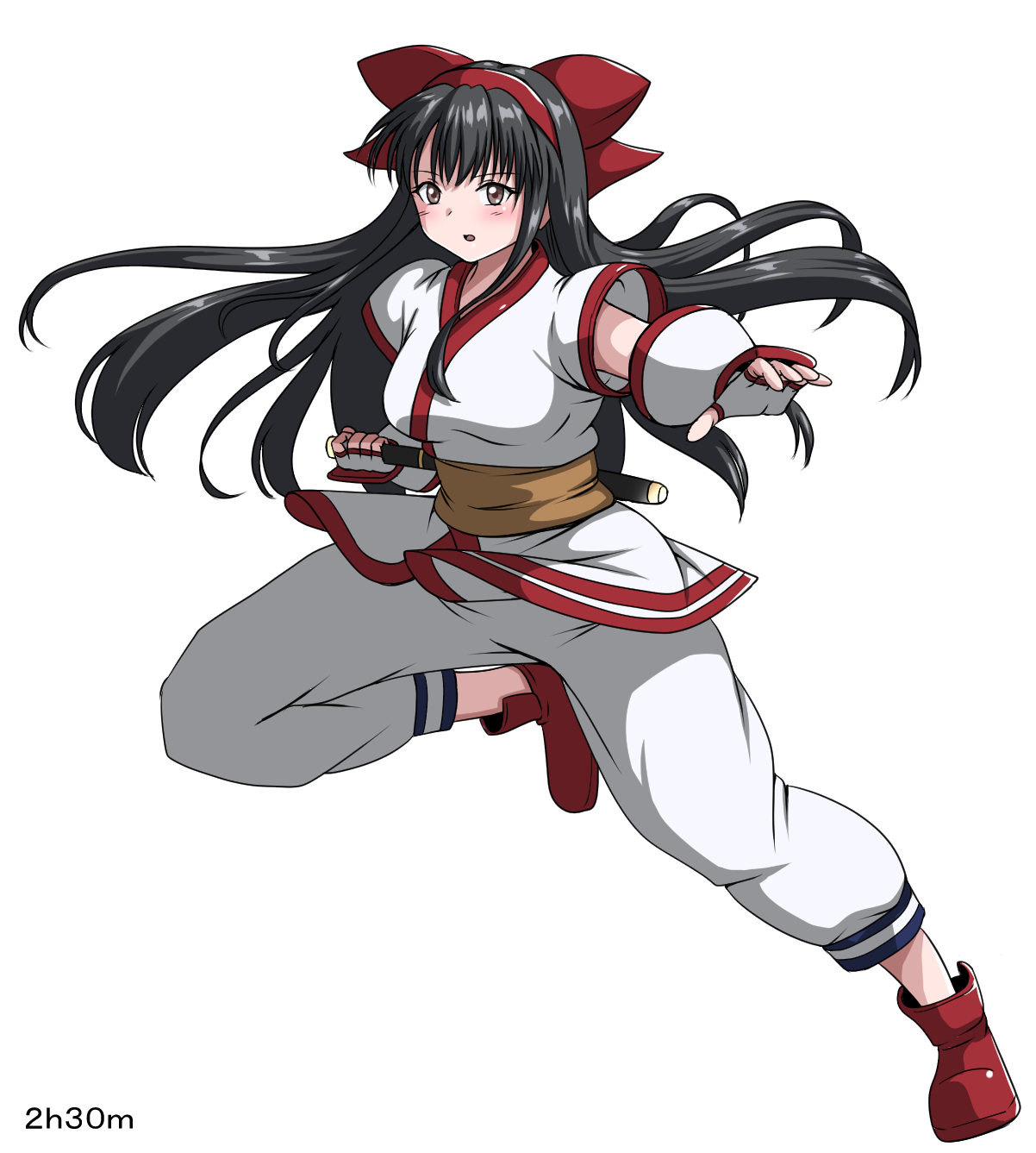 nakoruru, samurai spirits, snk, the king of fighters, highres, 1girl, ainu clothes, black hair, breasts, brown eyes, clenched hand, fingerless gloves, gloves, hair ribbon, large breasts, leg lift, leg up, legs, long hair, looking at viewer, outstretched arm, pants, parted lips, ribbon, serious, solo, thighs, tongue, weapon