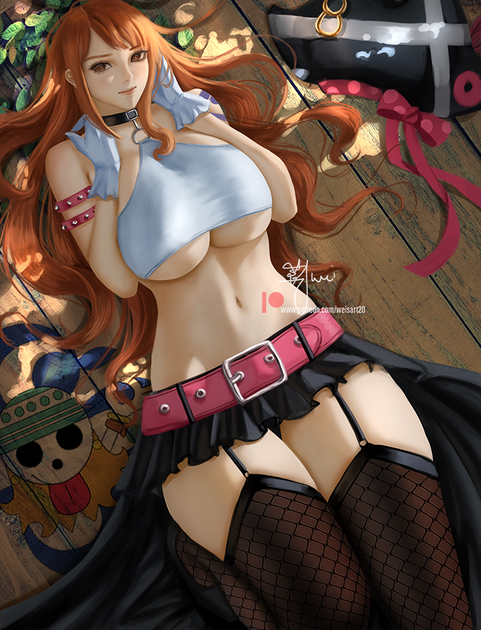 wei (promise 0820), nami (one piece), one piece, one piece film: red, commentary, english commentary, paid reward available, 1girl, arm strap, bare shoulders, belt, belt buckle, black cape, black choker, black skirt, breasts, breasts squeezed together, brown eyes, buckle, cape, choker, closed mouth, crop top, feet out of frame, fishnet thighhighs, fishnets, garter straps, gloves, hat, jolly roger, large breasts, long hair, looking at viewer, lying, microskirt, midriff, navel, official alternate costume, on back, orange hair, pink belt, pirate hat, pleated skirt, shoulder tattoo, signature, skirt, solo, strapless, tattoo, thighhighs, thighs, tube top, underboob, unworn hat, unworn headwear, waist cape, wavy hair, white gloves, white tube top, wooden floor