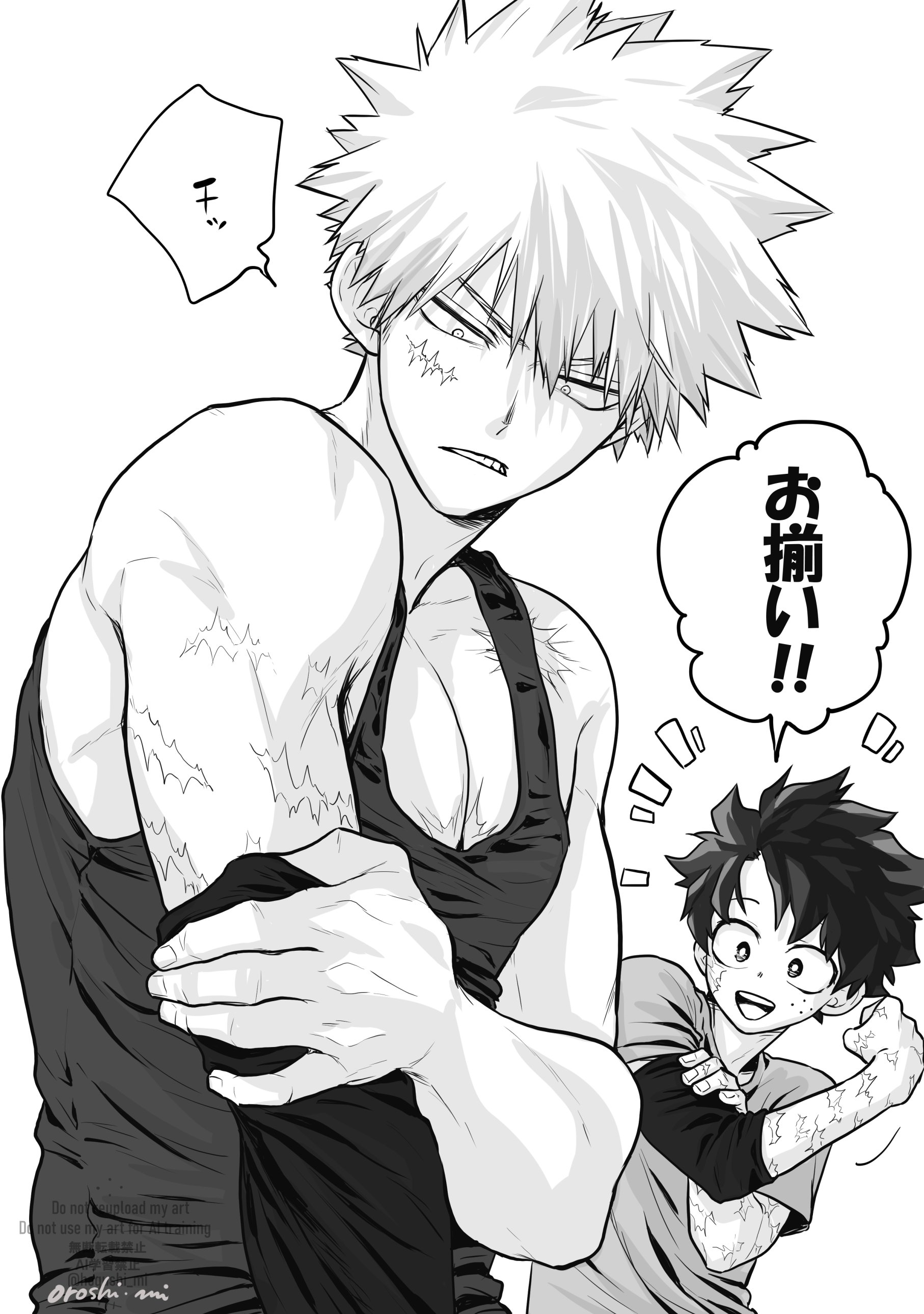 oroshi mi, bakugou katsuki, midoriya izuku, boku no hero academia, absurdres, commentary request, highres, translation request, 2boys, arm up, clenched hand, clenched teeth, crew neck, facial scar, greyscale, hand on own arm, looking down, male focus, monochrome, multiple boys, multiple scars, open mouth, parted bangs, pectoral cleavage, pectorals, scar, scar on arm, scar on cheek, scar on face, scar on shoulder, shirt, short hair, short sleeves, sleeveless, sleeveless shirt, speech bubble, spiked hair, t-shirt, tank top, teeth, tongue, triangle mouth, upper teeth only