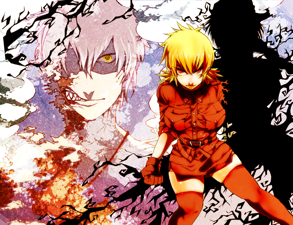 harara, alucard (hellsing), captain (hellsing), pip bernardotte, seras victoria, hellsing, uniform, 1girl, blonde hair, braid, fangs, miniskirt, pip bernadotte, red eyes, single braid, thighhighs, yellow eyes