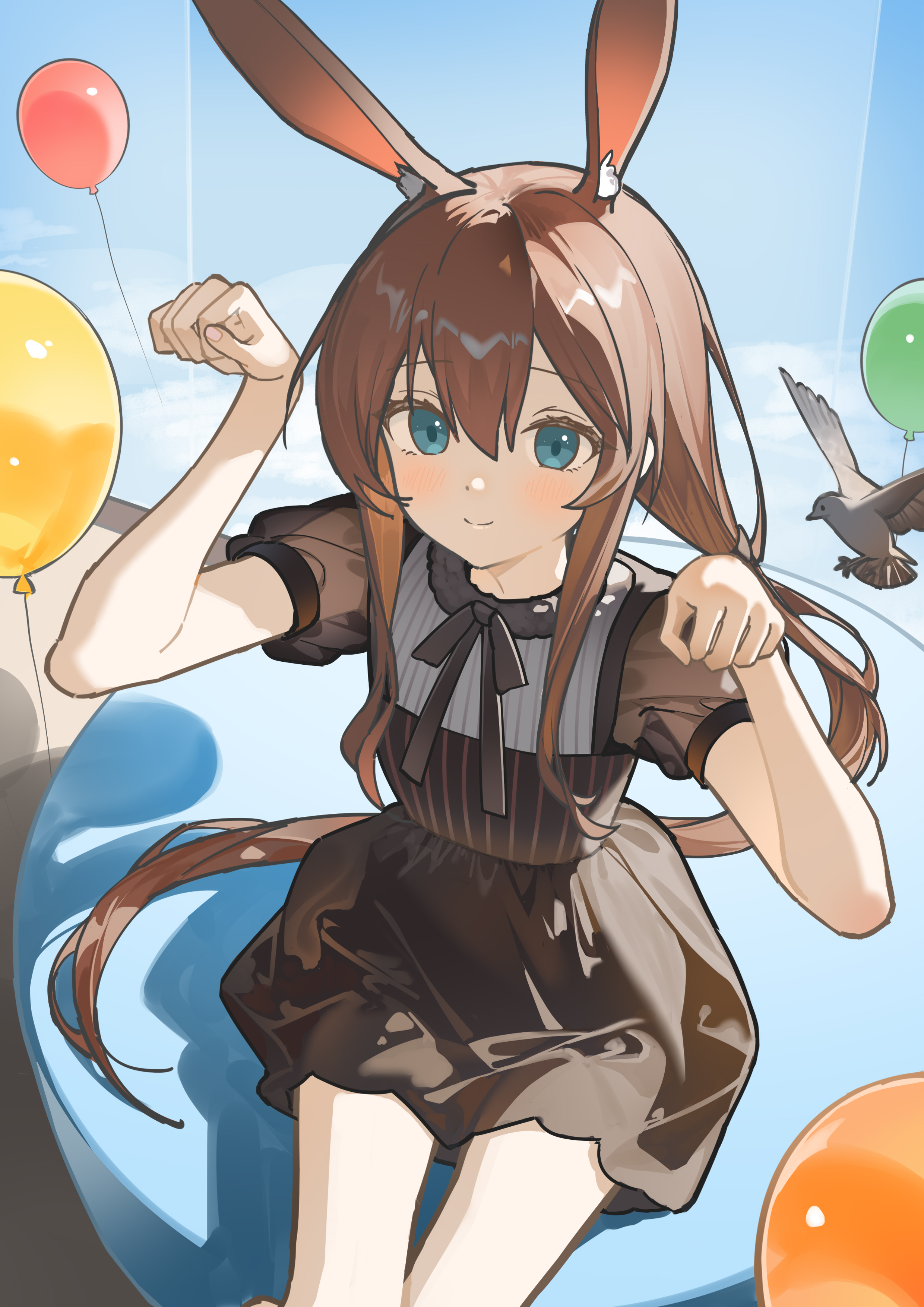 nagisa (cxcx5235), amiya (arknights), arknights, absurdres, chinese commentary, commentary request, highres, partial commentary, 1girl, animal, animal ears, arm up, balloon, bird, black dress, blue eyes, blush, brown hair, closed mouth, dress, hair between eyes, hand up, long hair, long sidelocks, looking at viewer, paw pose, short sleeves, sidelocks, sitting, solo, very long hair