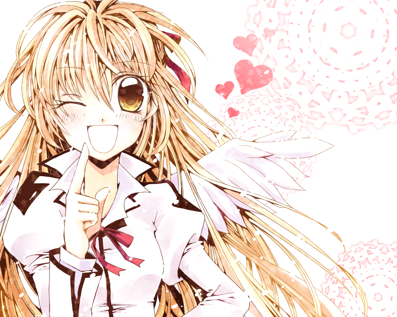 kaden (kuzek), tsubaki ki, otomiya haine, shinshi doumei cross, bad id, bad pixiv id, 1girl, angel wings, blonde hair, female focus, hair ribbon, heart, long hair, one eye closed, pointing, ribbon, school uniform, solo, wings, wink, yellow eyes