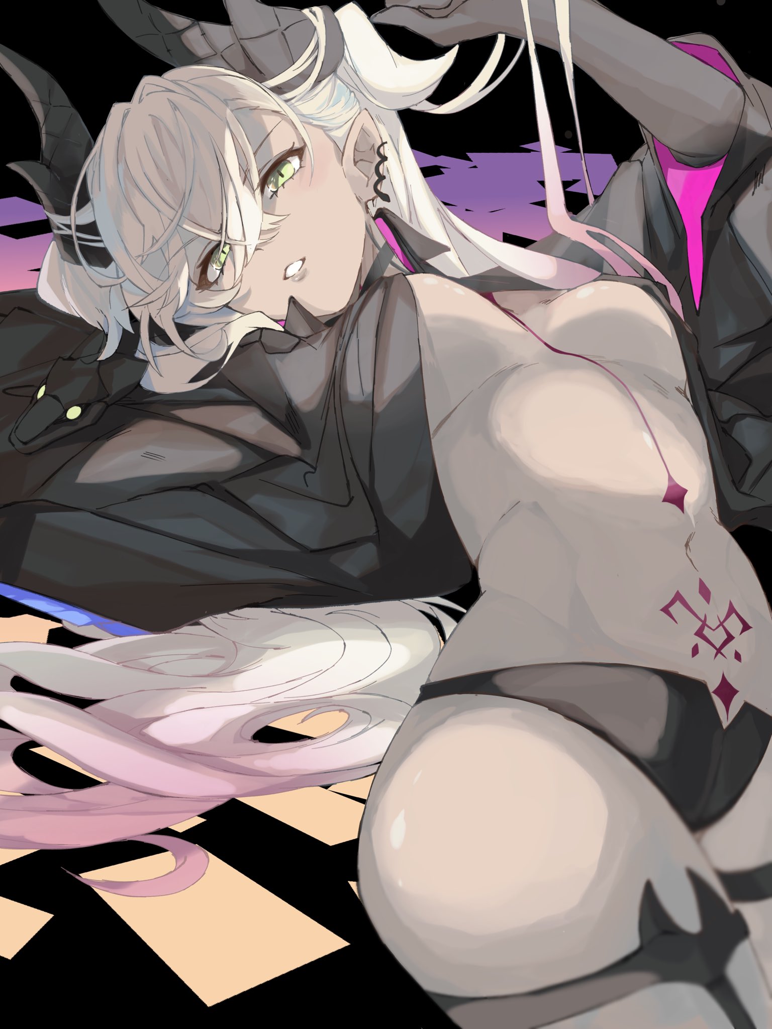 kamigokuin, lilith (fate), lilith (second ascension) (fate), fate/grand order, fate (series), highres, 1girl, black cloak, black hands, breasts, cloak, colored extremities, crossed bangs, demon girl, demon horns, demon wings, ear piercing, green eyes, hair around horn, horns, long hair, looking at viewer, navel, panties, piercing, pointy ears, pubic tattoo, solo, stomach tattoo, tattoo, tattoo between breasts, twintails, underwear, very long hair, wings