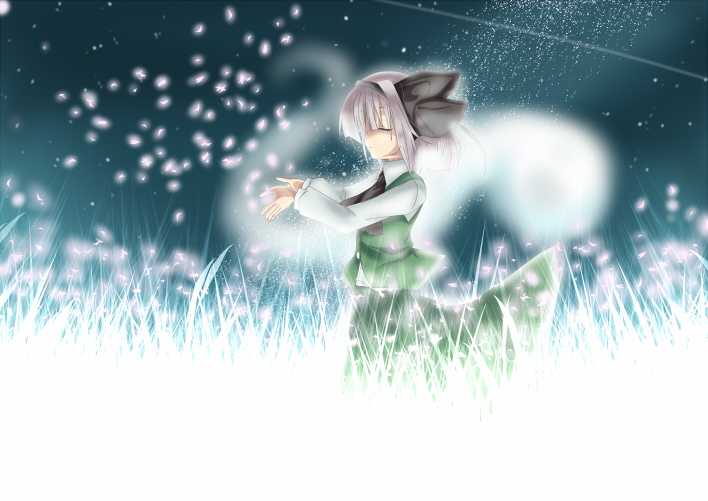 tensousui, konpaku youmu, konpaku youmu (ghost), touhou, silver hair, bad id, bad pixiv id, 1girl, bow, cherry blossoms, female focus, ghost, hair bow, hair ribbon, nature, outdoors, petals, ribbon, short hair, sky, solo