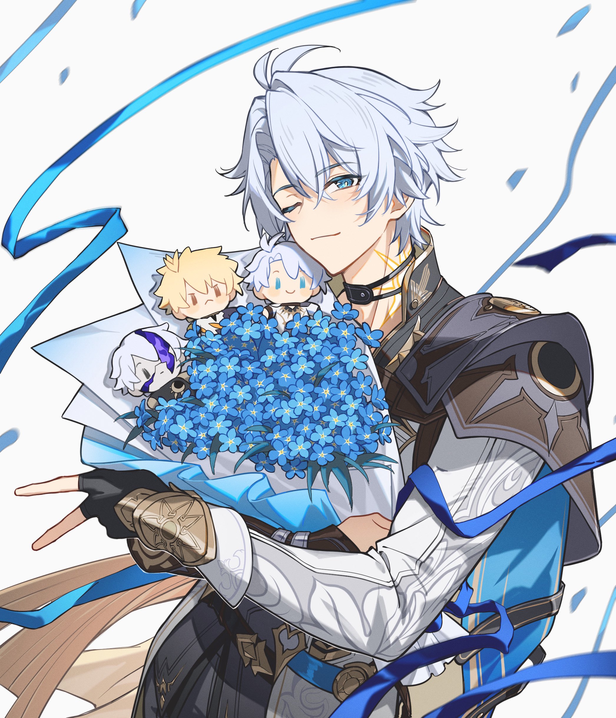 hei lang, flame reaver of the deepest dark, phainon (honkai: star rail), phainon (khaslana) (honkai: star rail), honkai: star rail, honkai (series), absurdres, commentary, english commentary, highres, 1boy, antenna hair, arm armor, armor, belt, black belt, black choker, black gloves, black pants, blue cape, blue eyes, blue flower, bouquet, cape, character doll, choker, closed mouth, confetti, cowboy shot, crossed bangs, doll, fingerless gloves, floating cape, flower, gloves, gold trim, hair between eyes, holding, holding bouquet, jacket, leaf, long sleeves, looking at viewer, male focus, neck tattoo, one eye closed, pants, short hair, shoulder armor, simple background, single glove, smile, solo, standing, sun symbol, sun tattoo, tan, tape, tattoo, two-sided cape, two-sided fabric, upper body, v, white background, white hair, white jacket, yellow cape, yellow pupils